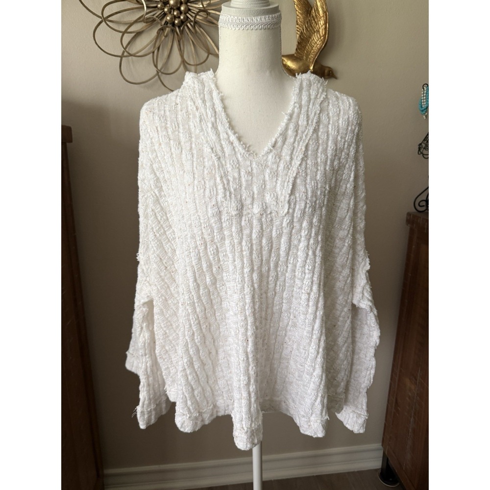 Free People Large Oversized Hooded Sweater Ivory Textured Knit Boho Tunic‎